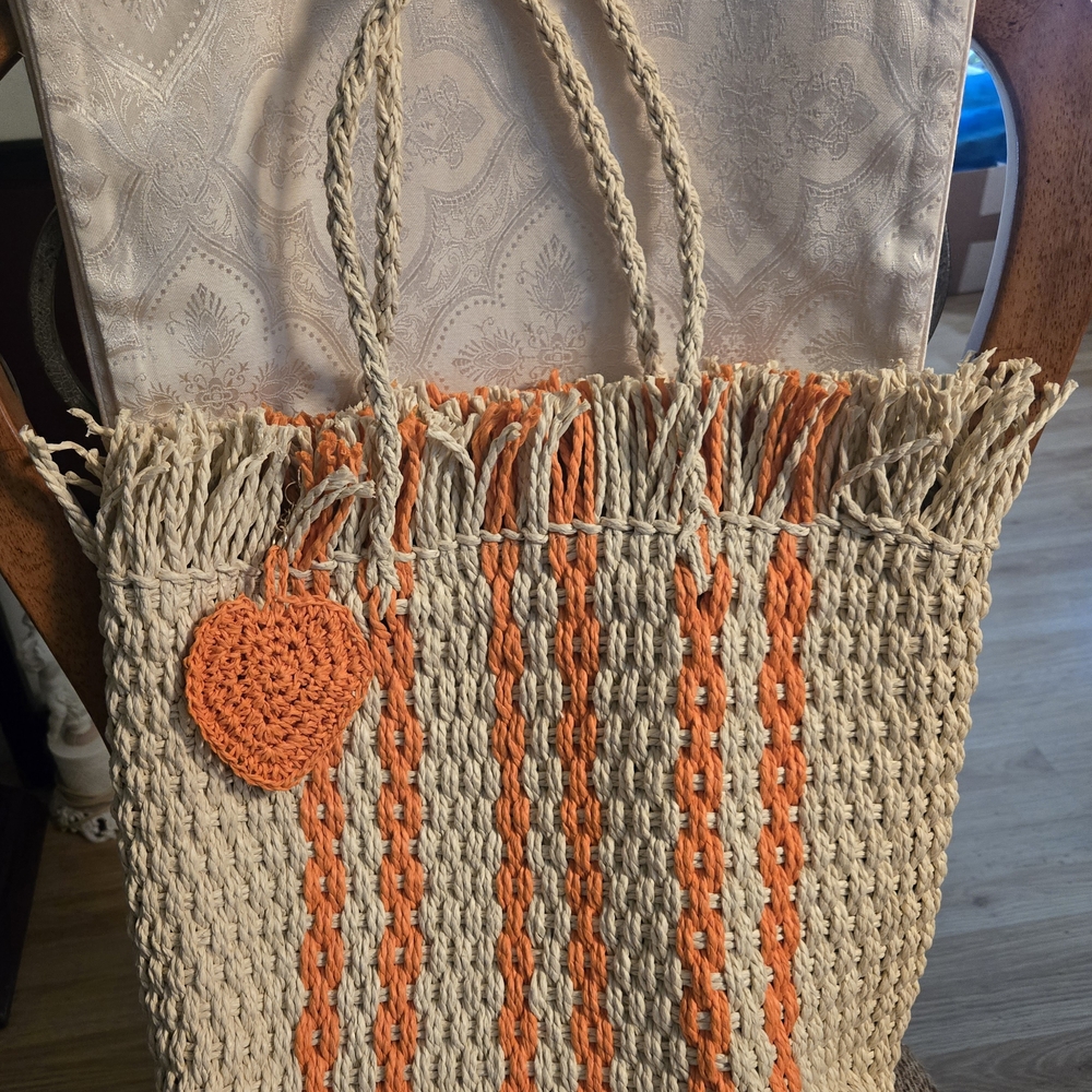 Haute Hippie Beige and Orange Handwoven Tote